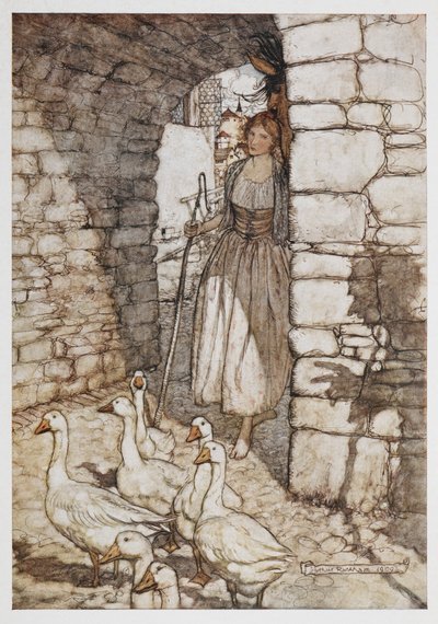 一个女孩与鹅。 作者 亚瑟·拉克汉姆（Arthur Rackham）
