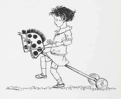 一个小女孩骑在玩具木马上。 作者 亚瑟·拉克汉姆（Arthur Rackham）
