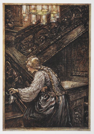 公主抱着《青蛙王子》中的青蛙。 作者 亚瑟·拉克汉姆（Arthur Rackham）