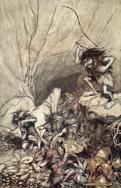 阿尔贝里希带着金银财宝驱赶着尼伯龙的队伍》，1910年。   作者 亚瑟·拉克汉姆（Arthur Rackham）