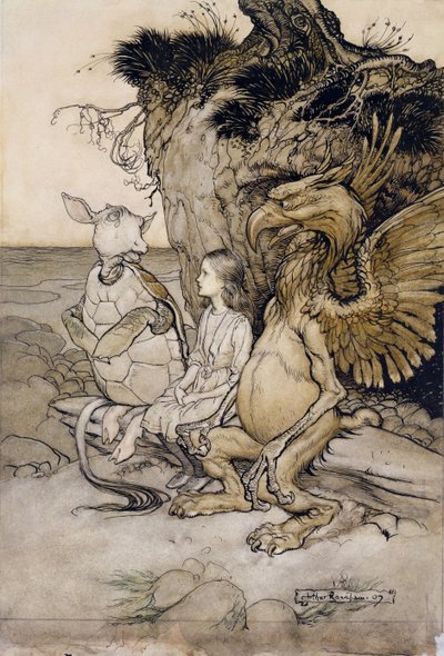 爱丽丝和模拟海龟，1907年艾丽斯冒险奇境中的插图（笔墨水和纸上写的） 作者 亚瑟·拉克汉姆（Arthur Rackham）