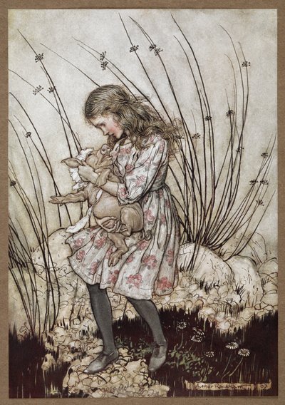 爱丽丝和小猪打扮成婴儿 作者 亚瑟·拉克汉姆（Arthur Rackham）