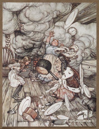 爱丽丝与公爵夫人、厨师和柴郡猫一起下厨房 作者 亚瑟·拉克汉姆（Arthur Rackham）