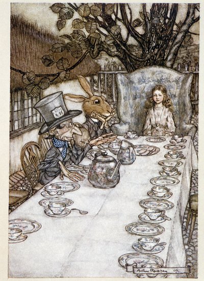 爱丽丝拿了“傻瓜中的””（The Hatter and the Mars Lievre）——在“爱丽丝梦游仙境”中，刘易斯卡罗尔，生病了。 亚瑟·拉克姆 (1867-1939) 作者 亚瑟·拉克汉姆（Arthur Rackham）