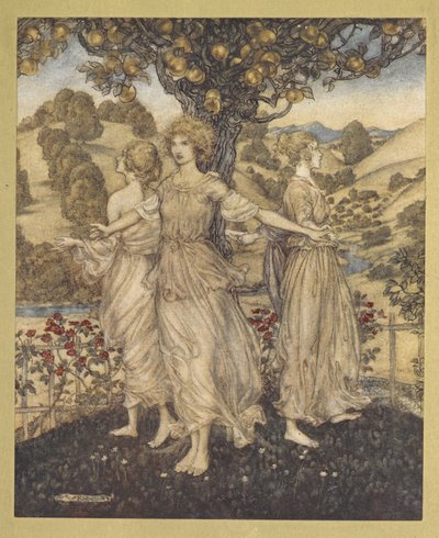 赫斯珀洛斯和他的三个女儿在花园的集市中歌唱金树。 作者 Arthur Rackham