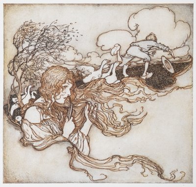 一幅女孩梳头的插图，背景是鹅和一个男孩，选自《鹅姑娘》。 作者 Arthur Rackham