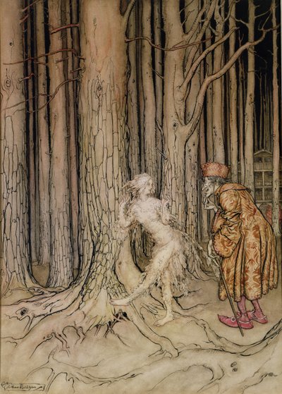 最后，她遇到了正在慢慢回来的新郎，1917年格林兄弟的小弟弟，小妹妹的Fitchers Bird的插图（wc和笔和墨水在纸上）（另见28797） 作者 亚瑟·拉克汉姆（Arthur Rackham）