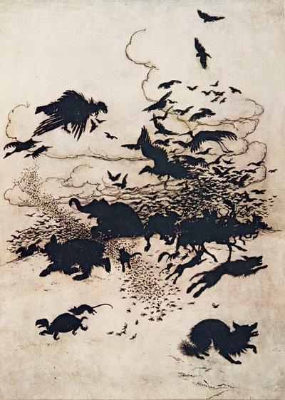 在第三次刺痛时，福克斯尖叫起来，他的尾巴在他的两条腿之间......，来自格林兄弟的童话故事，酒吧。 1909年 作者 Arthur Rackham