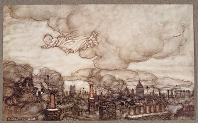 他从JM Barrie（1860  -  1937），酒吧的肯辛顿花园的Peter Pan飞到了花园。 1906年 作者 Arthur Rackham