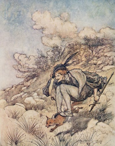 他们飞过了股票和石头，以他的头发在风中吹着口哨，来自格林兄弟的童话故事吧。 1909年 作者 亚瑟·拉克汉姆（Arthur Rackham）