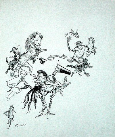 鸟儿、野兽和鱼儿在混乱的人群中匆匆走过"，插图来自《Zankiwank和Bletherwitch》，作者S.J. Adair Fitzgerald，1896年出版（纸上笔墨）。 作者 亚瑟·拉克汉姆（Arthur Rackham）