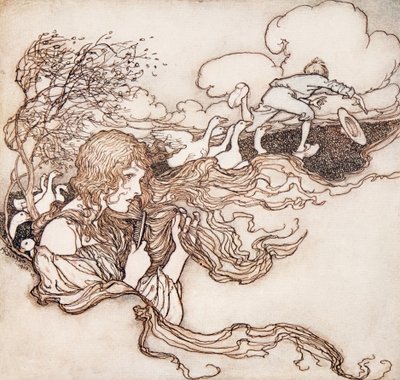 吹，吹，微风，和康拉德帽子抓住。来自格林兄弟的童话故事，酒吧。 1909年 作者 Arthur Rackham