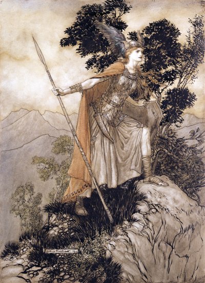 Brunhilde，来自The Rhinegold和Valkyrie的插图作者Richard Wagner，1910年（笔和墨水，纸上写着wc） 作者 亚瑟·拉克汉姆（Arthur Rackham）