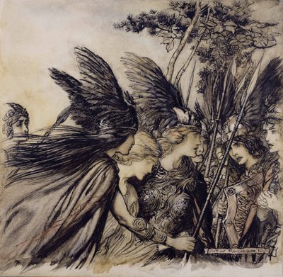 Brunnhilde从The Rhinegold和Valkyrie的插图中看到了Valkyries，图片由理查德瓦格纳（Richard Wagner）出版，1910年出版（纸笔，墨水和纸张） 作者 亚瑟·拉克汉姆（Arthur Rackham）