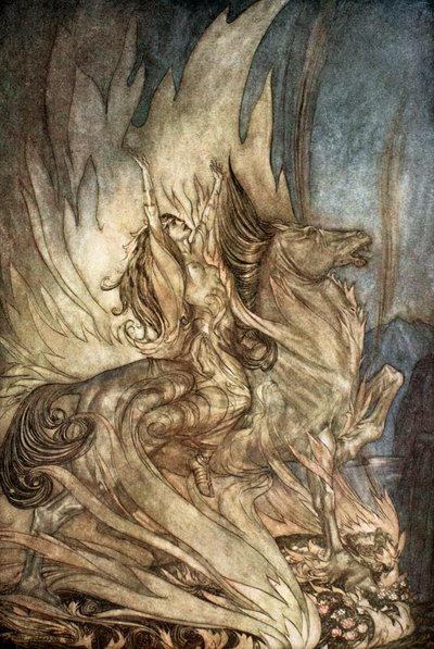 格拉内的布伦希尔德跳上了齐格弗里德的葬身之地》，1924年。   作者 Arthur Rackham