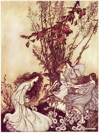 与JM Barrie的“Peter Pan in Kensington Gardens”中的仙女共舞，1906年34：JM Barrie在肯辛顿花园中的Peter Pan：与仙女共舞，1906年 作者 Arthur Rackham