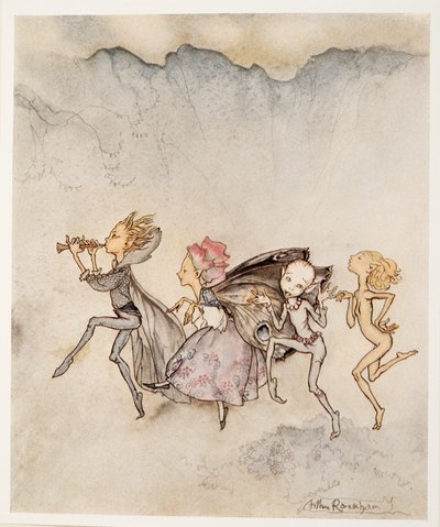 每个人都踩着他的脚趾，将在这里用拖把和割草，来自William Shakespeares The Tempest，pub的插图。 1926年 作者 亚瑟·拉克汉姆（Arthur Rackham）