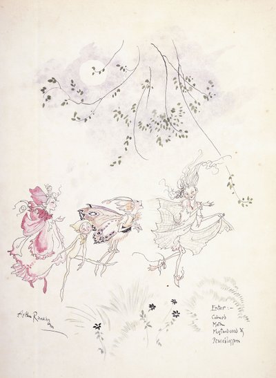 输入：蜘蛛网，飞蛾，芥菜籽和豌豆花。莎士比亚《仲夏夜之梦》插图，摄于1908年 作者 Arthur Rackham