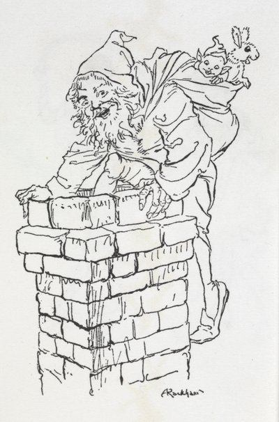 圣诞老人带着礼物爬进烟囱 作者 亚瑟·拉克汉姆（Arthur Rackham）