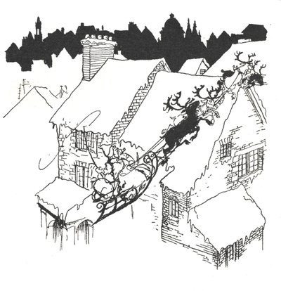 圣诞老人驾着雪橇飞越雪白的屋顶 作者 亚瑟·拉克汉姆（Arthur Rackham）