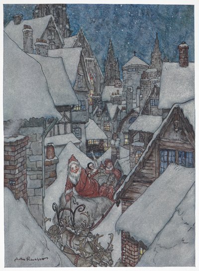 圣诞老人乘坐雪橇穿越白雪皑皑的街道 作者 亚瑟·拉克汉姆（Arthur Rackham）