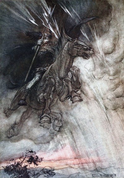 愤怒的是，Wotan骑在岩石上。理查德为莱茵黄金和女武神插图 作者 亚瑟·拉克汉姆（Arthur Rackham）