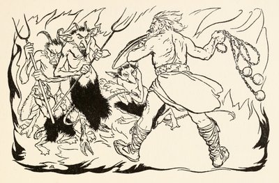 Goll mac Morna在爱尔兰童话故事中抨击来自The Little Brawl的Fionn和Fianna-Finn 作者 亚瑟·拉克汉姆（Arthur Rackham）