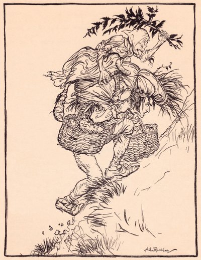 他不断地呻吟着，爬上了山。 亚瑟·拉克姆 (Arthur Rackham) 插图，选自格林童话《井边的鹅姑娘》。 作者 Arthur Rackham