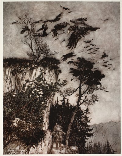 他只是被一群闲散的乌鸦回答，来自华盛顿欧文酒吧的Rip Van Winkle。 1910 作者 亚瑟·拉克汉姆（Arthur Rackham）