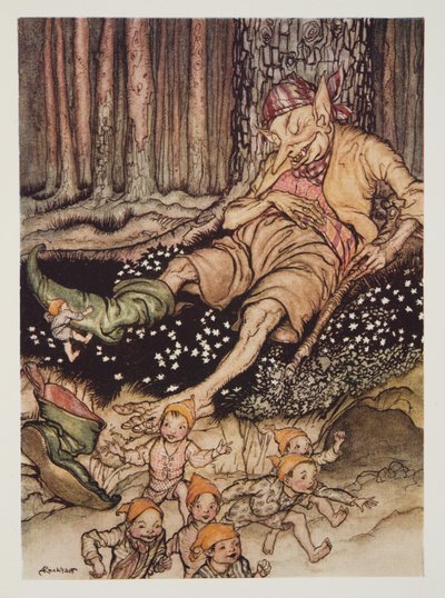 Hop-o-my-thumb轻轻地走到食人魔身上，从The Arthur Rackham Fairy Book，pub中脱下他的七匹联盟靴子。 1933年 作者 亚瑟·拉克汉姆（Arthur Rackham）