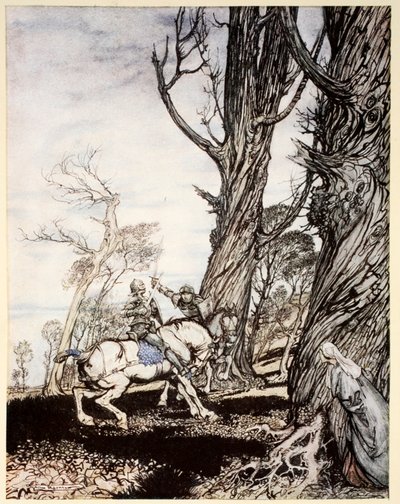 朗塞洛爵士如何杀死骑士Sir Peris de Forest Savage，让女士，女士们和女士们感到苦恼，来自“亚瑟王的浪漫和他的圆桌骑士”的插图 作者 亚瑟·拉克汉姆（Arthur Rackham）