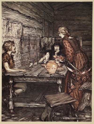 Hunding发现了Siegmund和Sieglunde之间的相似之处，来自&39;The Rhinegold and the Valkyrie&39;，1910年的插图 作者 亚瑟·拉克汉姆（Arthur Rackham）