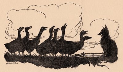 亚瑟·拉克姆 (Arthur Rackham) 为格林童话《狐狸与鹅》绘制的插图。 作者 亚瑟·拉克汉姆（Arthur Rackham）