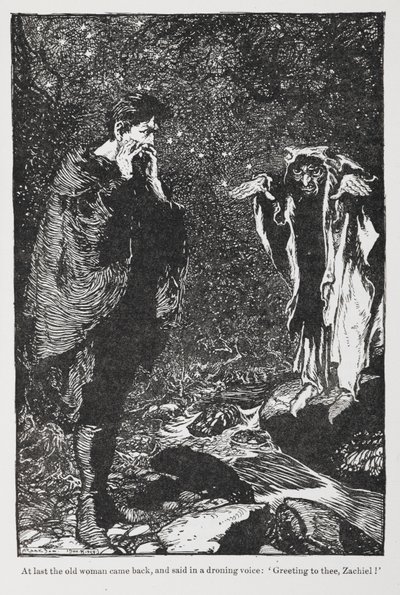 来自 Jorinda 和 Joringel 的 Zachiel 和老妇人的插图。 作者 亚瑟·拉克汉姆（Arthur Rackham）