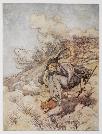 金鸟》中的插图。王子骑在狐狸上。 作者 亚瑟·拉克汉姆（Arthur Rackham）