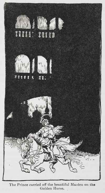 金鸟》中王子骑马带走少女时的插图。 作者 亚瑟·拉克汉姆（Arthur Rackham）