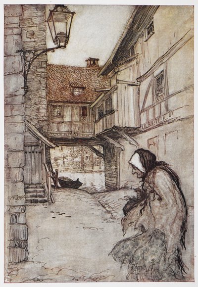 稻草、煤炭和豆子》中的插图。 作者 亚瑟·拉克汉姆（Arthur Rackham）