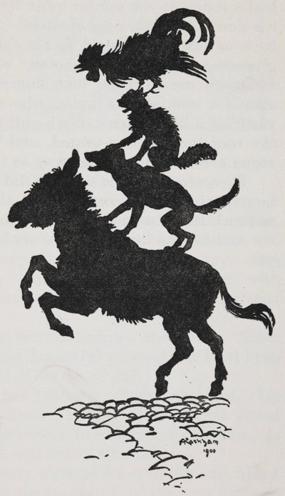不来梅市音乐家的插图：驴、狗、猫和公鸡。 作者 亚瑟·拉克汉姆（Arthur Rackham）