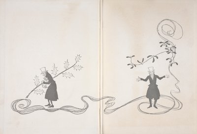 史古治的插图。一边是一枝冬青树，他攥着一袋钱，看起来很生气。另一面则画着一枝槲寄生，看起来很开心。 作者 亚瑟·拉克汉姆（Arthur Rackham）