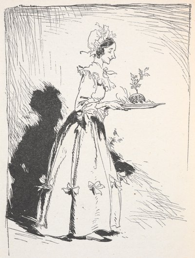 一名妇女携带圣诞布丁的插图 作者 亚瑟·拉克汉姆（Arthur Rackham）
