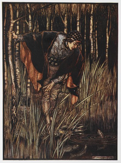 白蛇传》中池塘边的青年插图。 作者 亚瑟·拉克汉姆（Arthur Rackham）