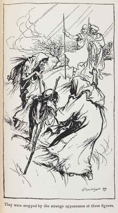 三个女巫麦克白和班柯的插图。 作者 亚瑟·拉克汉姆（Arthur Rackham）