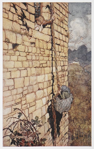 女巫爬上长发公主头发的插图。 作者 亚瑟·拉克汉姆（Arthur Rackham）