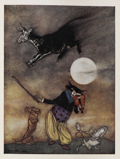 童谣的插图。 一头牛跳过月球。 一只猫在拉小提琴。 一只狗。 一盘菜用勺子就跑了。 作者 亚瑟·拉克汉姆（Arthur Rackham）
