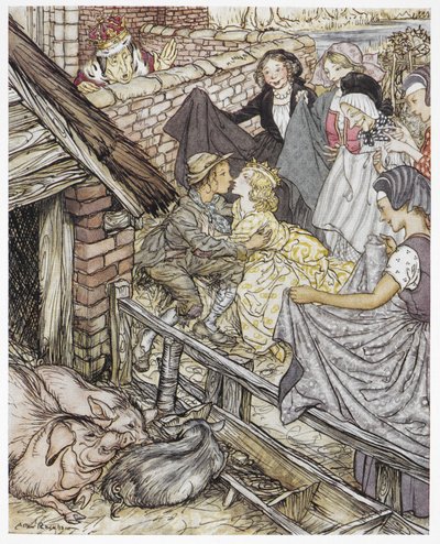 就在猪倌接第八十六个吻时"，安徒生《猪倌》插图 作者 亚瑟·拉克汉姆（Arthur Rackham）
