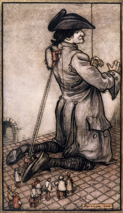 小人国裁缝为格列佛量体裁衣，阿瑟-拉克姆（1867-1939）为其绘制插图，选自乔纳森-斯威夫特的《格列佛游记》（都柏林）。 作者 亚瑟·拉克汉姆（Arthur Rackham）