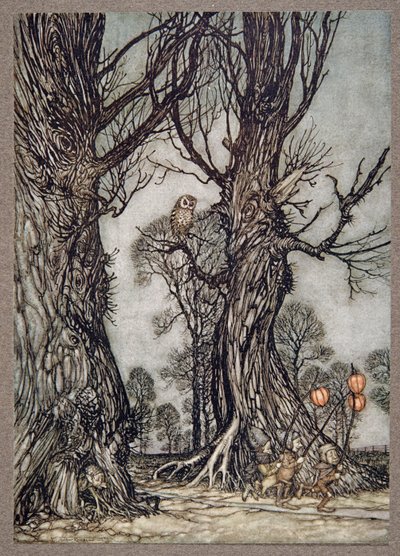 在前面运行冬季樱桃的连接者，来自JM Barrie（1860  -  1937）在肯辛顿花园的Peter Pan，酒吧。 1906年 作者 亚瑟·拉克汉姆（Arthur Rackham）