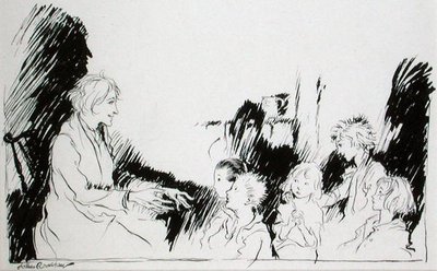 鬼魂、女巫和印第安人的长篇故事，华盛顿-欧文（1783-1859）的《Rip van Winkle》插图，1916年出版的版本（纸上笔墨）。 作者 亚瑟·拉克汉姆（Arthur Rackham）
