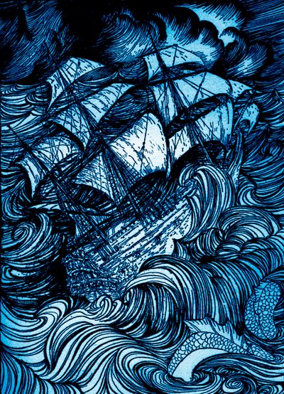 埃德加-爱伦-坡的《在瓶中发现的手稿》。 作者 亚瑟·拉克汉姆（Arthur Rackham）