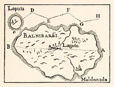 地图Laputa（飞行岛右上）和Balnibarbii（主要港口Maldonada）从第三部分：航行到Laputa，Balnibarbi，Luggnagg，Glubbdubdrib和日本在Gullivers旅行由Jonathan Swift 作者 Arthur Rackham